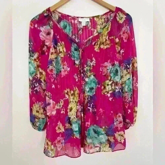 Charter Club Petite Small Long Sleeve Colorful Blouse Polyester Pink Floral - Picture 3 of 7